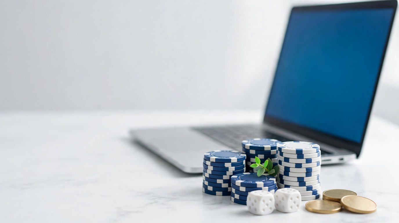 Krypto-Kasino eröffnen: Laptop, Casino-Chips, Würfel und Münzen auf dem Schreibtisch