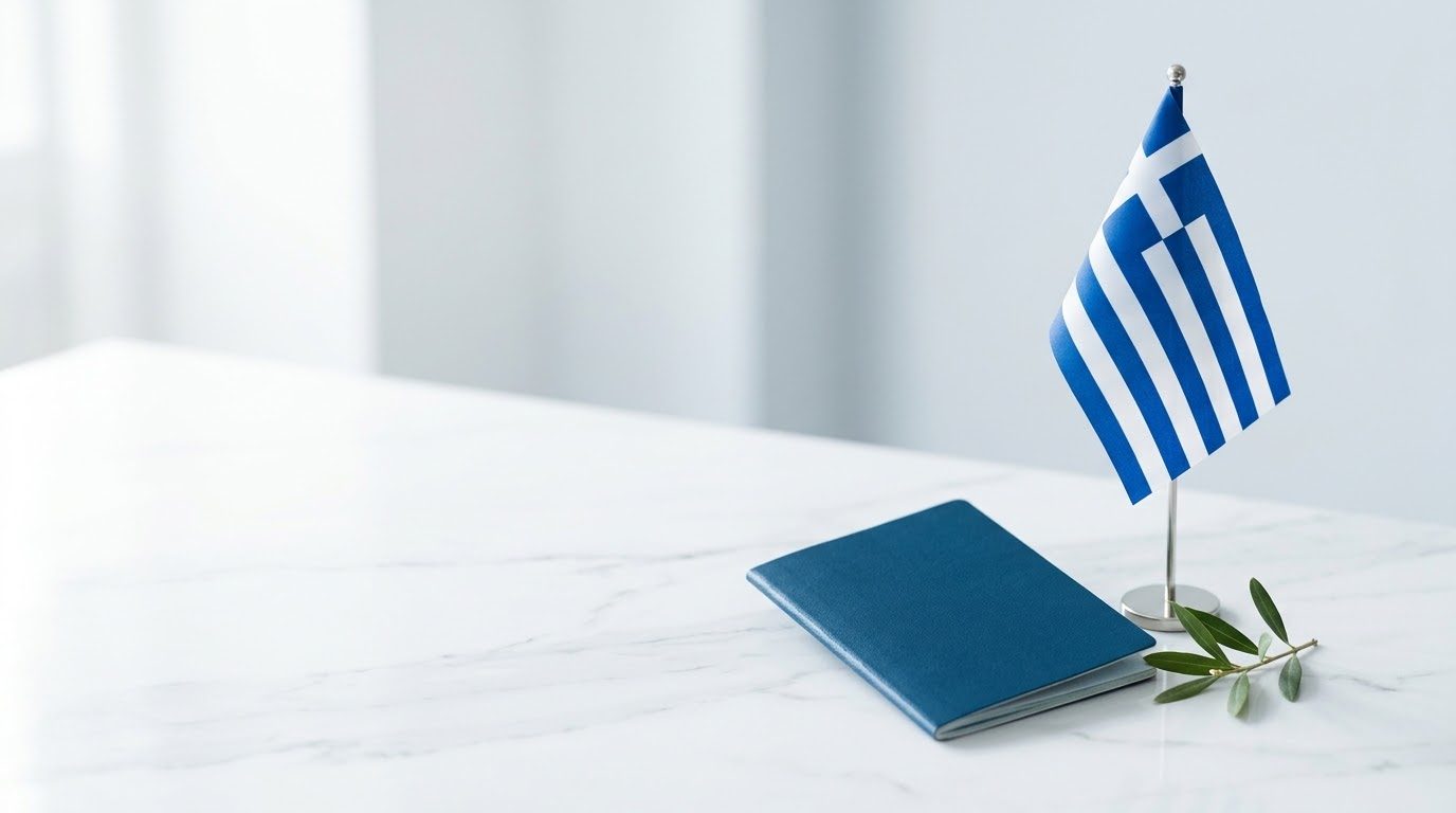 How to obtain Greek citizenship: passport, Greek flag and an olive branch