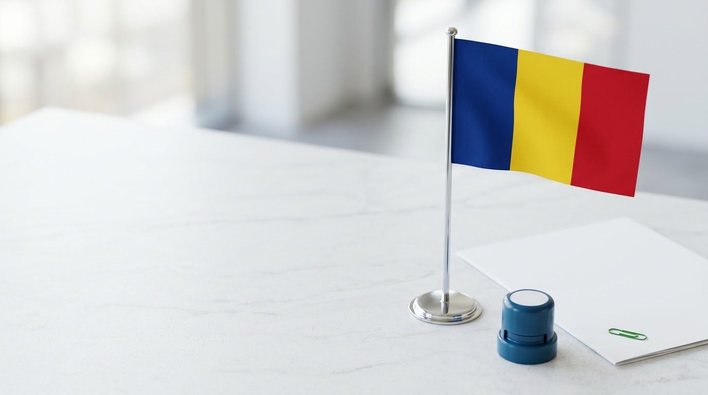 Firmengründung in Rumänien: Gründungsmappe, Firmenstempel und rumänische Flagge