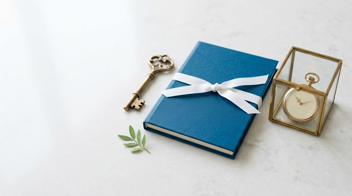 Trust and trust fund registration: document folder, key and a family pocket watch