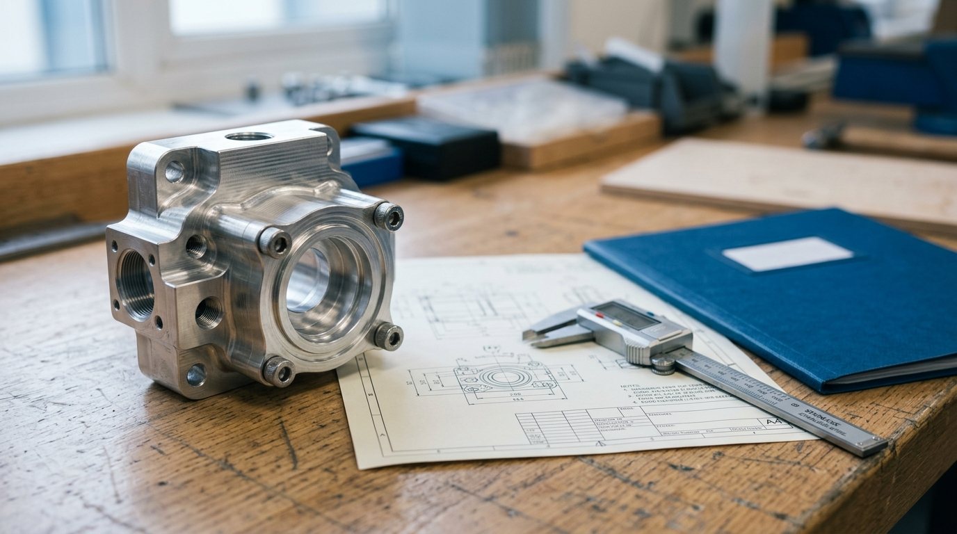 Metallteil auf einer Werkbank neben technischer Zeichnung und Messschieber: Vorbereitung der technischen Dokumentation für die NATO-Kodifizierung