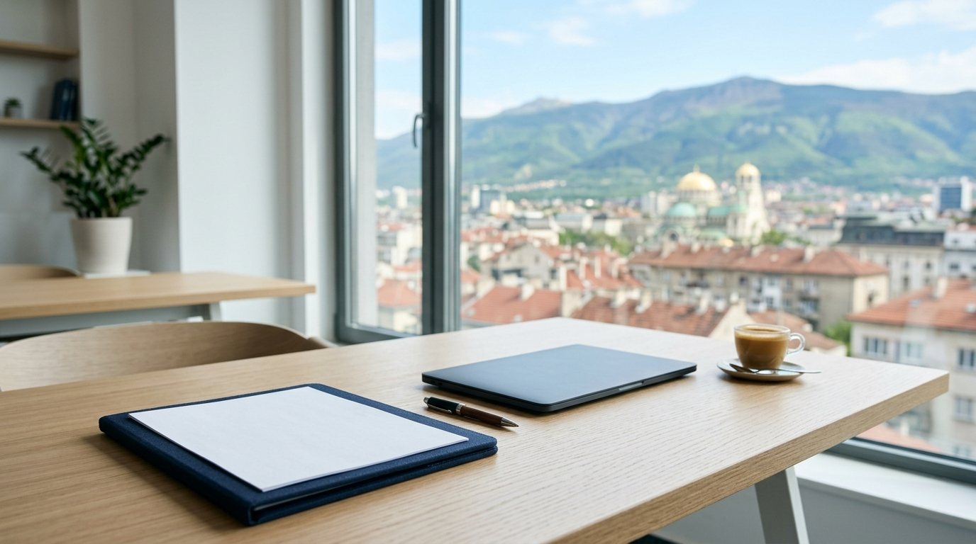 Office desk with a view of Sofia and Vitosha mountain: a document folder and a laptop, preparing to register a company in Bulgaria