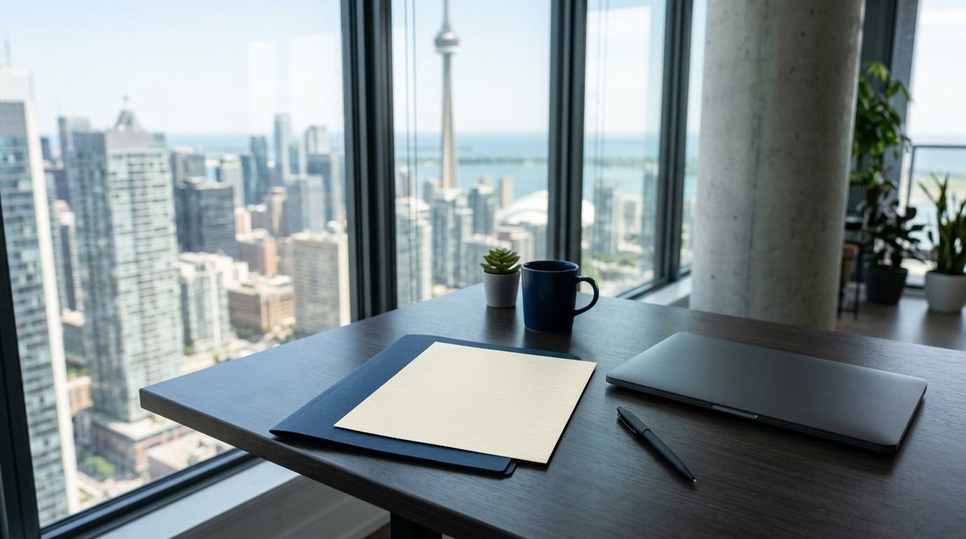 Modern desk by a floor-to-ceiling window overlooking the skyscrapers of Toronto's financial district: laptop, document folder and pen