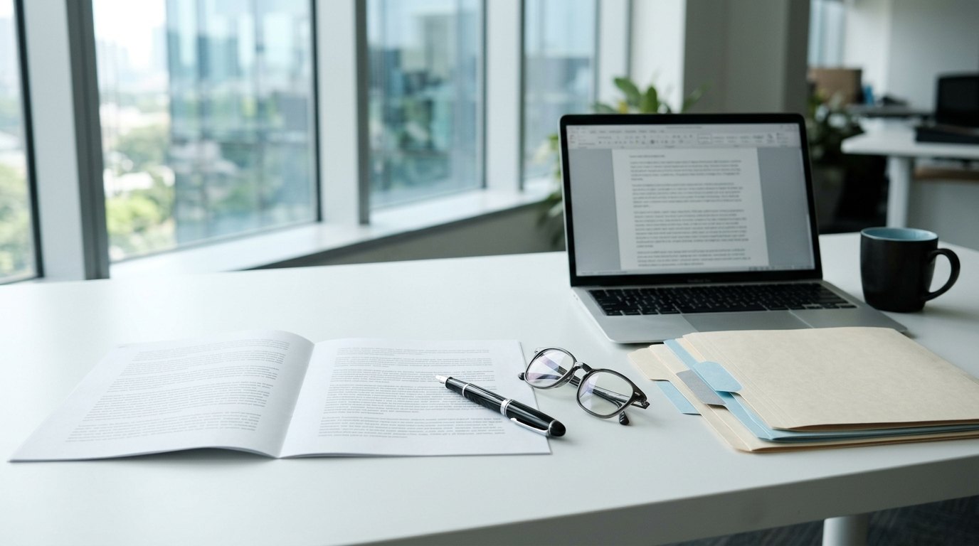 Schreibtisch mit ausgedrucktem zweisprachigem Vertrag, Füllfederhalter, Laptop mit geöffnetem Dokument und Lesebrille