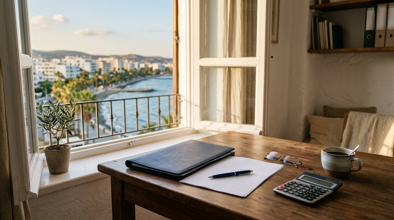 Tax adviser's desk by a window overlooking the Limassol seafront