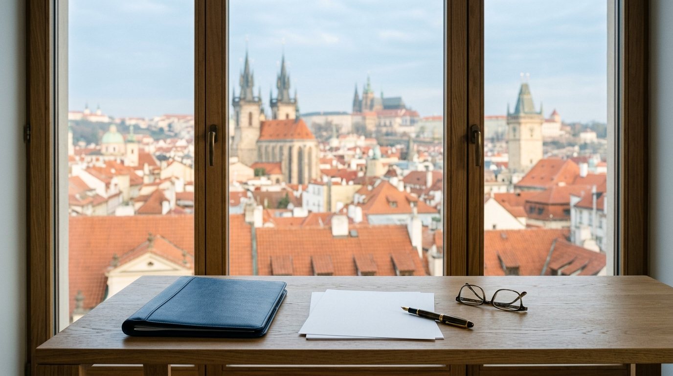Desk by a window overlooking the rooftops of Prague Old Town with a document folder, blank sheets, a fountain pen and glasses