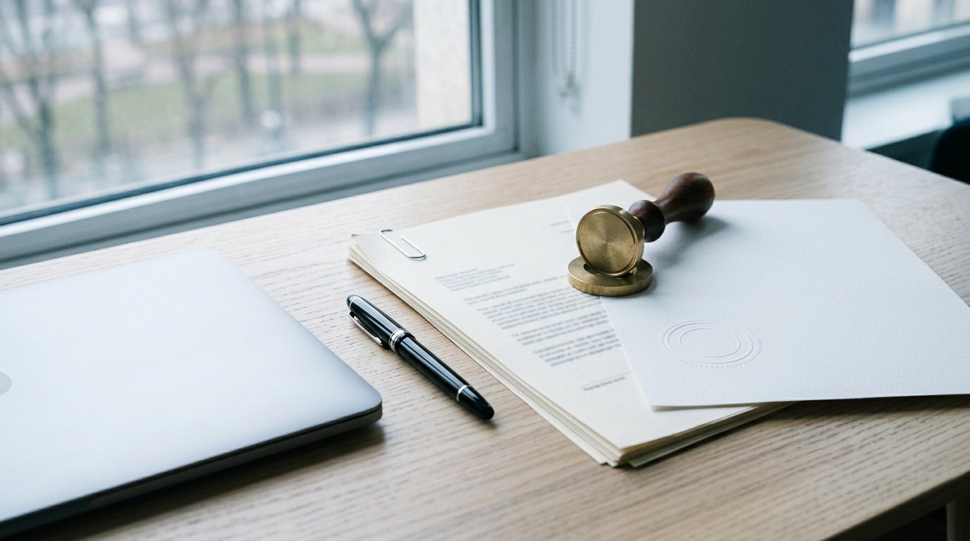 Desk in daylight: a closed laptop, a fountain pen, a stack of clipped corporate documents and a round embossed corporate seal