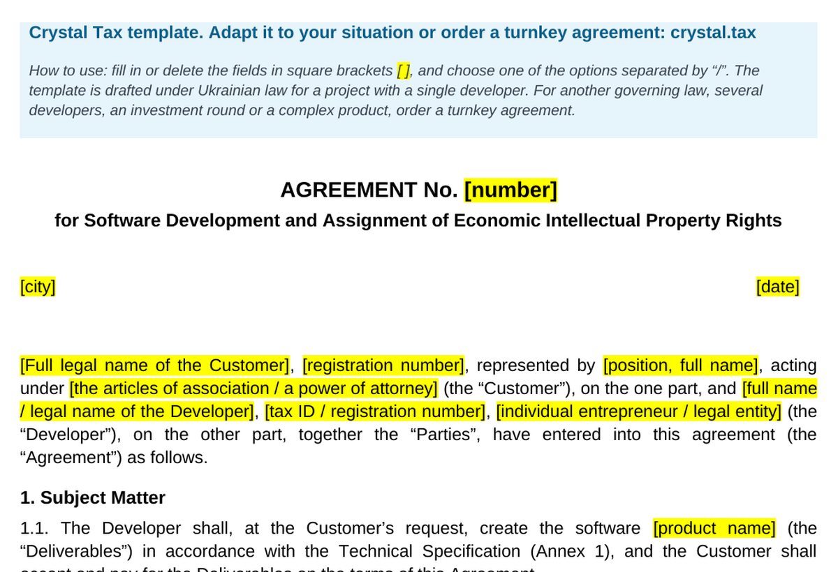 First page of the Crystal Tax developer agreement template: subject of the contract, milestones and assignment of rights to the code