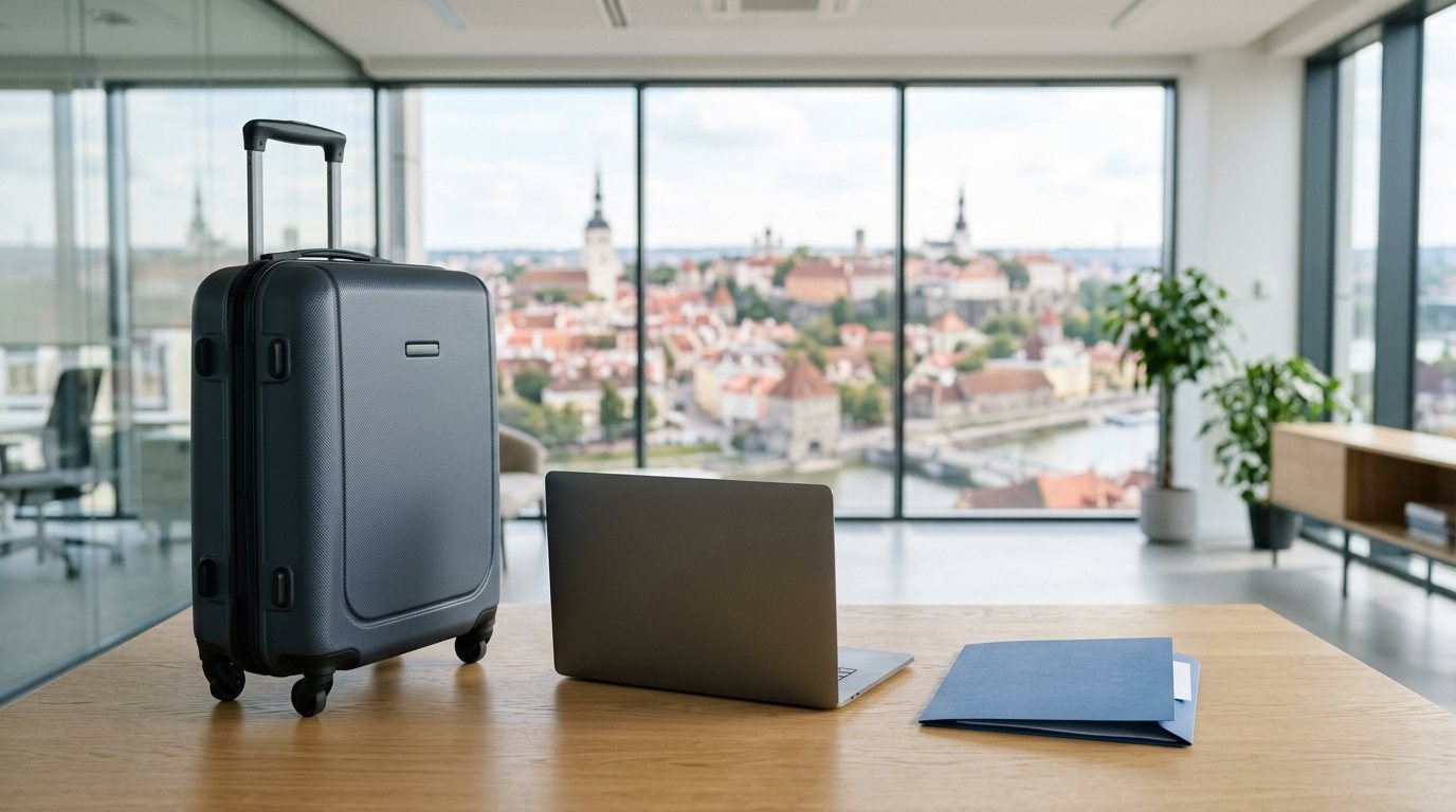 Valise, dossier de documents pour un titre de séjour et ordinateur portable dans un bureau lumineux avec vue sur une ville européenne