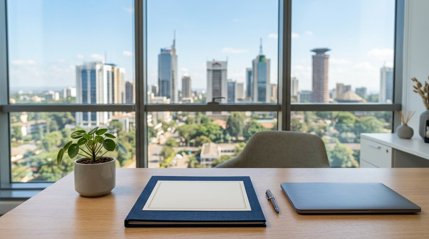 Oficina moderna con ventanal al distrito de negocios de Nairobi: edificios altos de Upper Hill y Westlands, una carpeta con documentos sobre la mesa