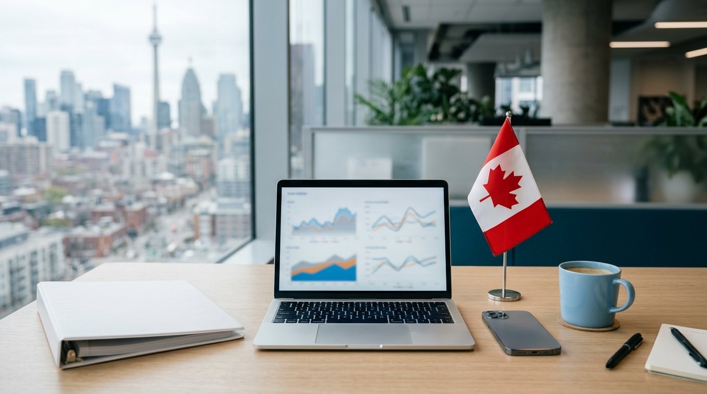 Desk in a bright fintech office in Canada: laptop with abstract charts, a compliance manual folder without text and a small maple leaf flag