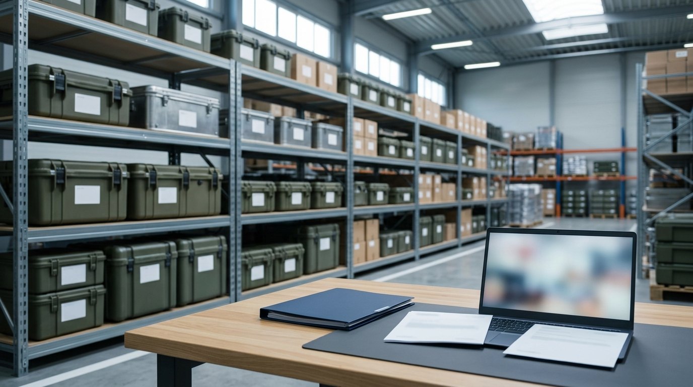 Rayonnages d'entrepôt avec des caisses vert olive scellées, sur la table à côté une tablette avec des documents et un ordinateur portable, lumière neutre