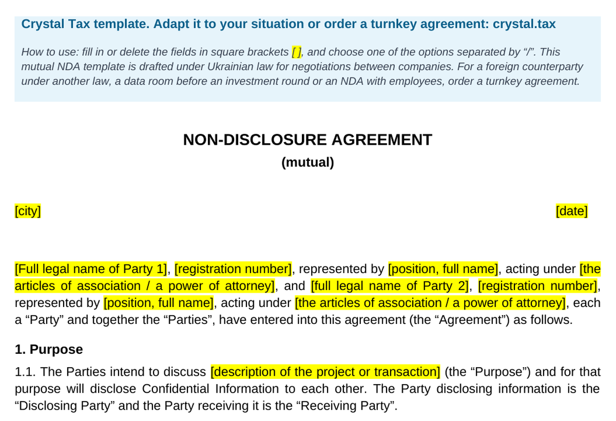 First page of the Crystal Tax NDA template: parties, confidential information and purpose of use
