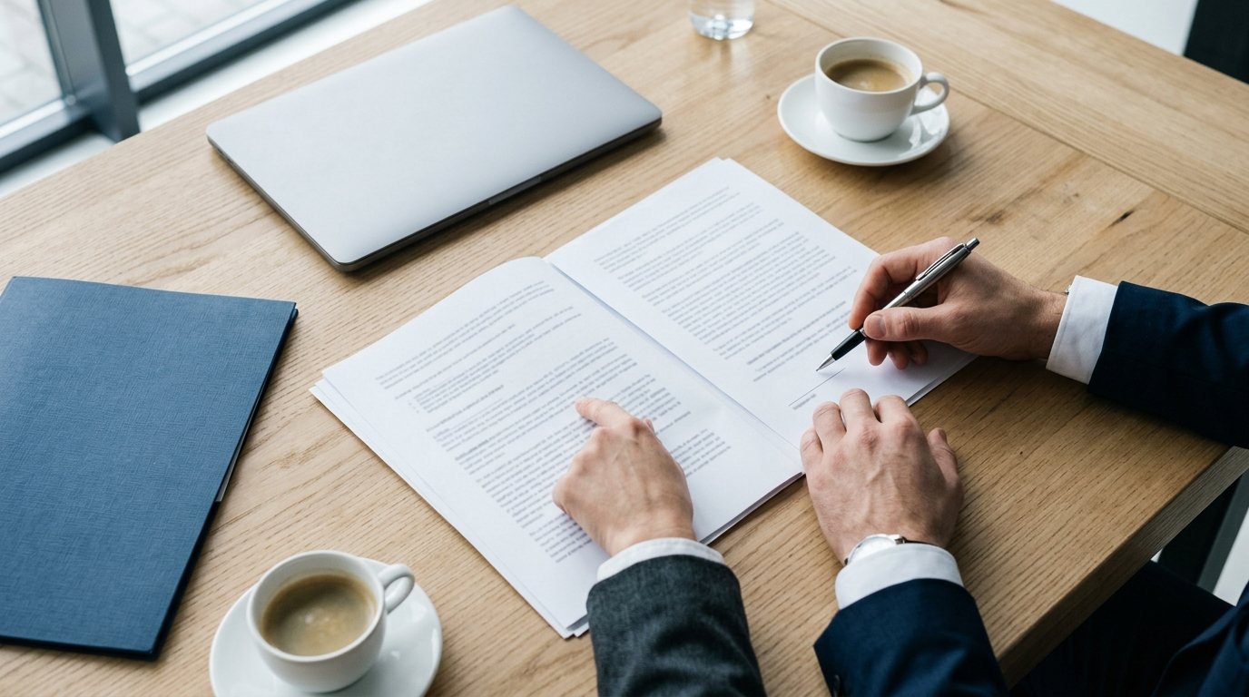 Top view of a meeting table: a printed agreement with a pen, two cups of coffee, a laptop and the hands of two partners