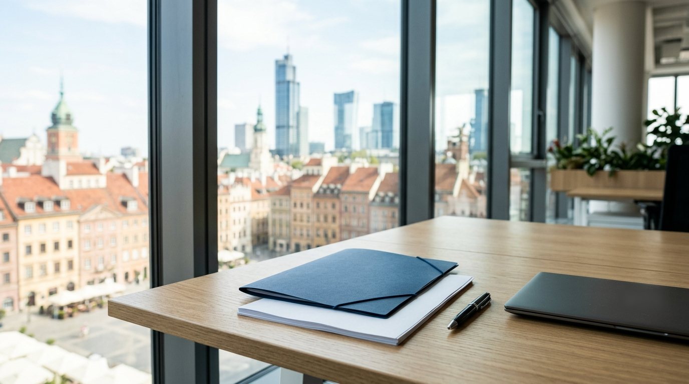 Arbeitsplatz in einem modernen Büro in Warschau: Mappe mit Gesellschaftsunterlagen ohne Aufschrift, Laptop, vor dem Fenster eine unscharfe Stadtlandschaft