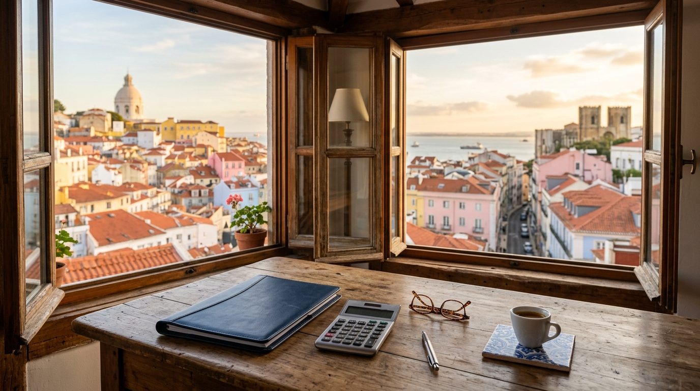 Tax adviser's desk by an open window overlooking Lisbon rooftops and the Tagus river, with a document folder, calculator and glasses
