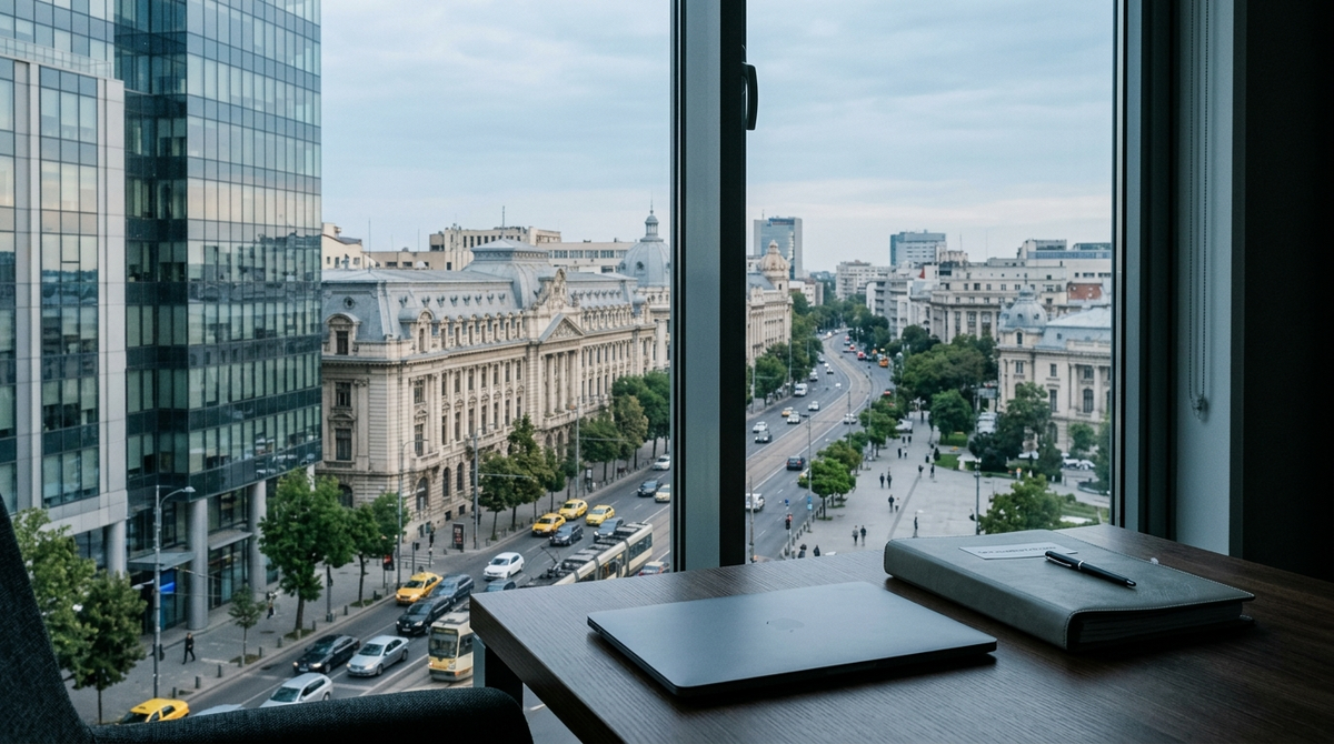 Registro de empresa en Rumanía: oficina con vistas a un bulevar de Bucarest