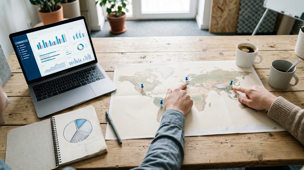 Vue de dessus d'une table de fondateurs : ordinateur portable affichant un tableau de bord produit abstrait, carte du monde en papier avec quelques punaises, carnet avec un diagramme circulaire des parts dessiné à la main, café et mains de deux personnes