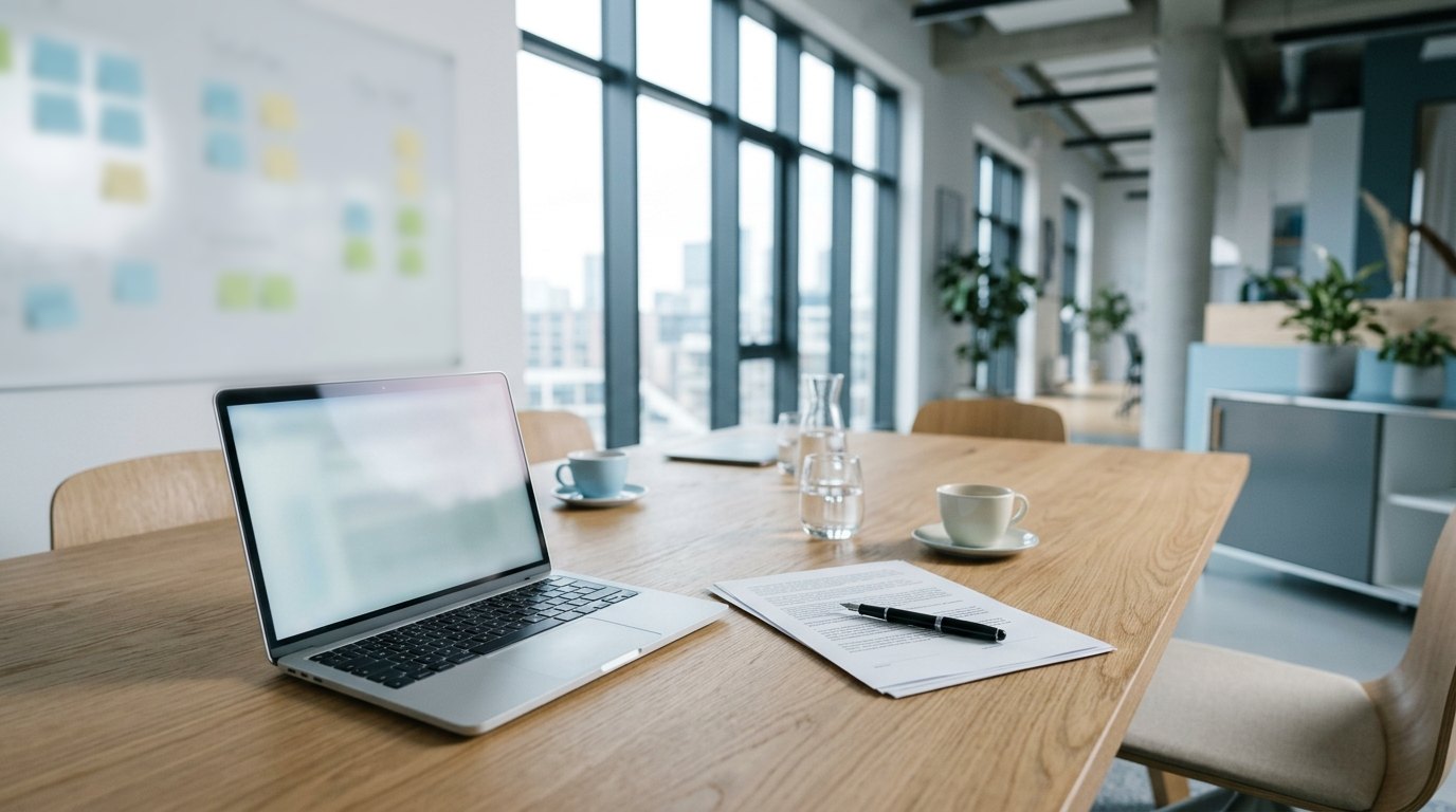 Besprechungstisch der Gründer in einem hellen modernen Büro: Laptop, ausgedruckter Vertrag mit Stift, im Hintergrund unscharf eine Tafel mit Haftnotizen