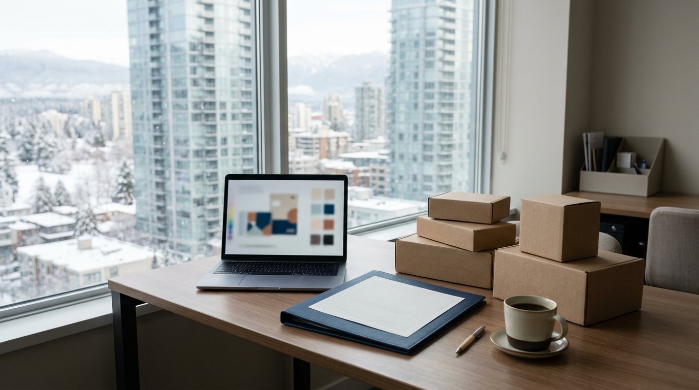 Escritorio en una oficina luminosa con vista desenfocada de una ciudad canadiense nevada: carpeta cerrada con un certificado en relieve sin texto, portátil con una maqueta borrosa de envase y cajas de productos sin logotipos