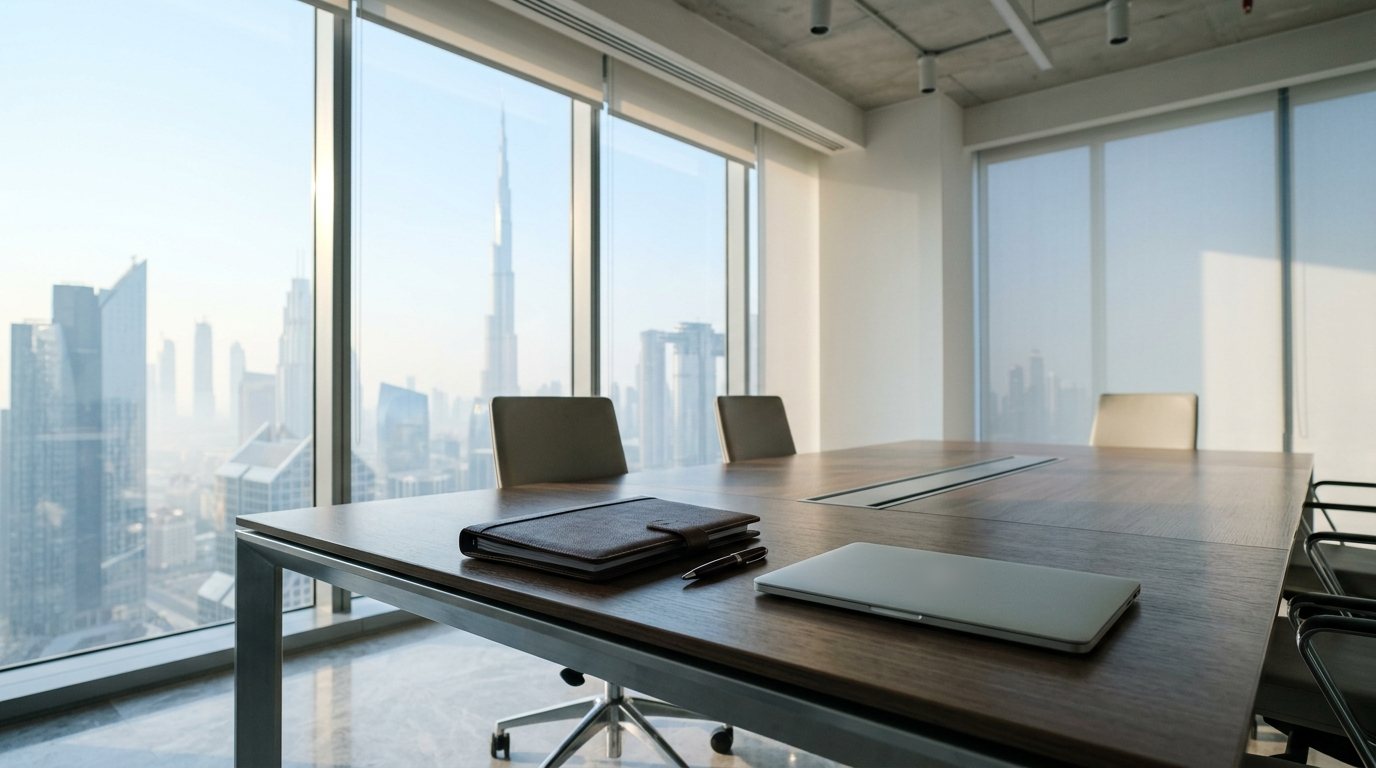 Sala de reuniones con vistas a Dubái y al Burj Khalifa: carpeta con documentos y portátil sobre la mesa, preparación para constituir una empresa en los EAU