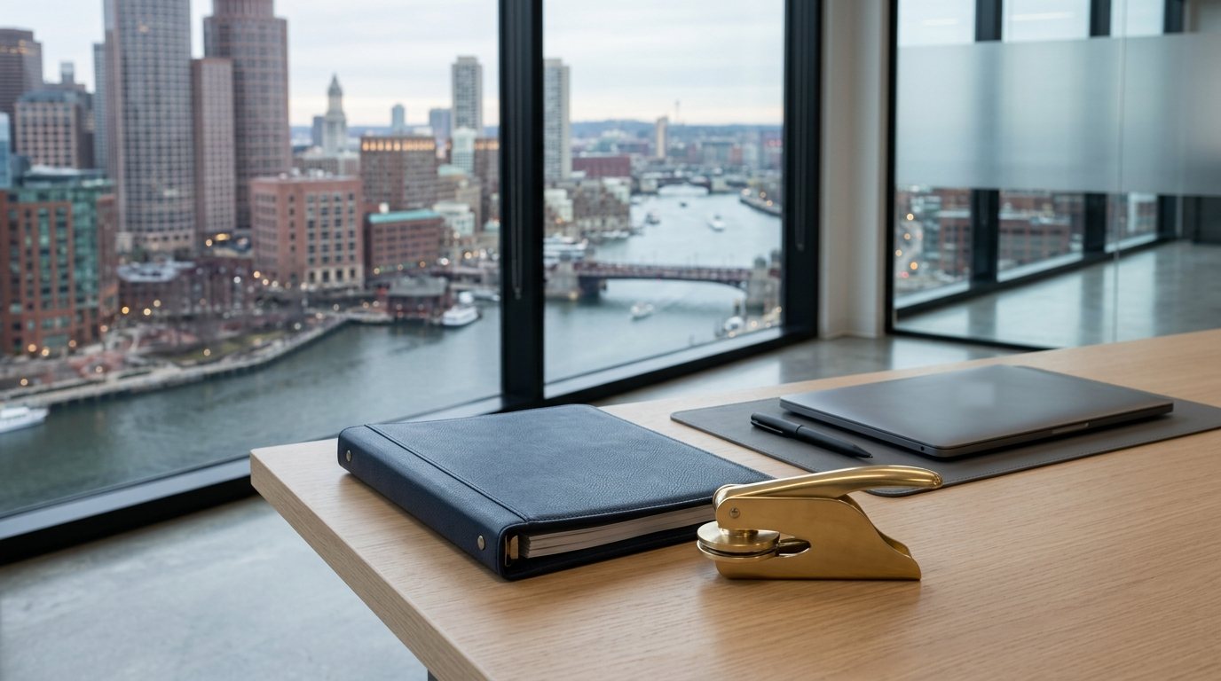 Office desk with a view of an American city: a corporate seal embosser and a folder of US company formation documents